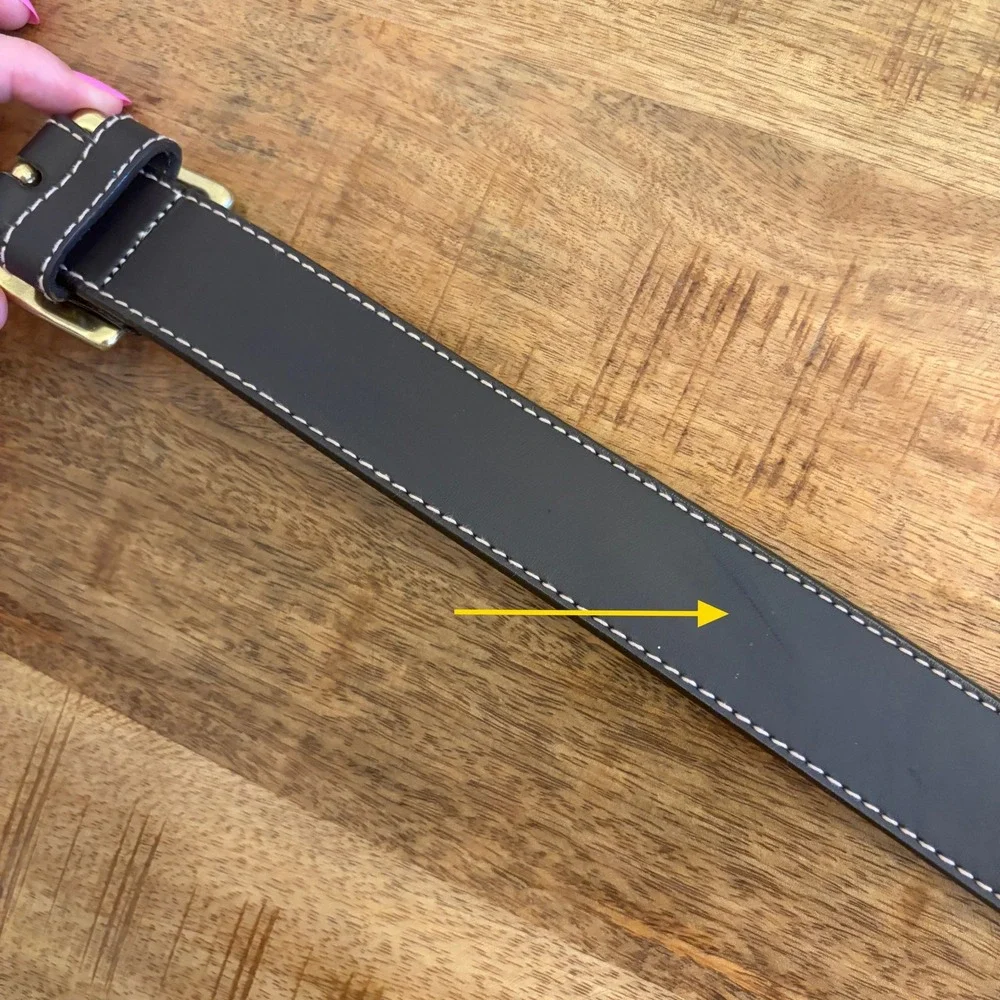 LL Bean Leather Belt Mens M 32 Dark Brown Solid Brass Contrast Stitch Made USA